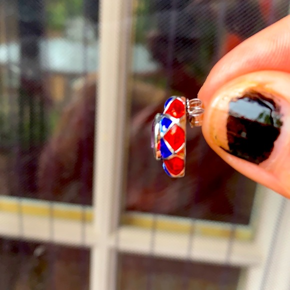 Sterling silver, purple gem, and enamel earrings. - Picture 4 of 5